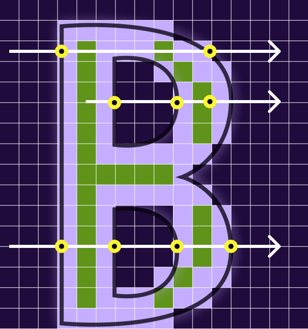 2, 3, and 4 intersections with the letter